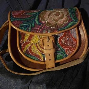 Handmade in Mexico, 100% Leather Crossbody Bag, with Floral Stitching.
